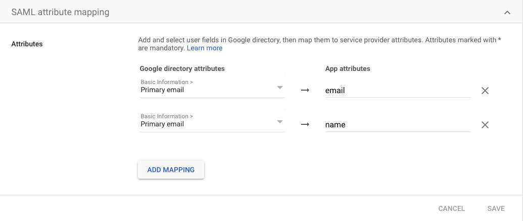 Google Admin SAML Attribute Mapping Details