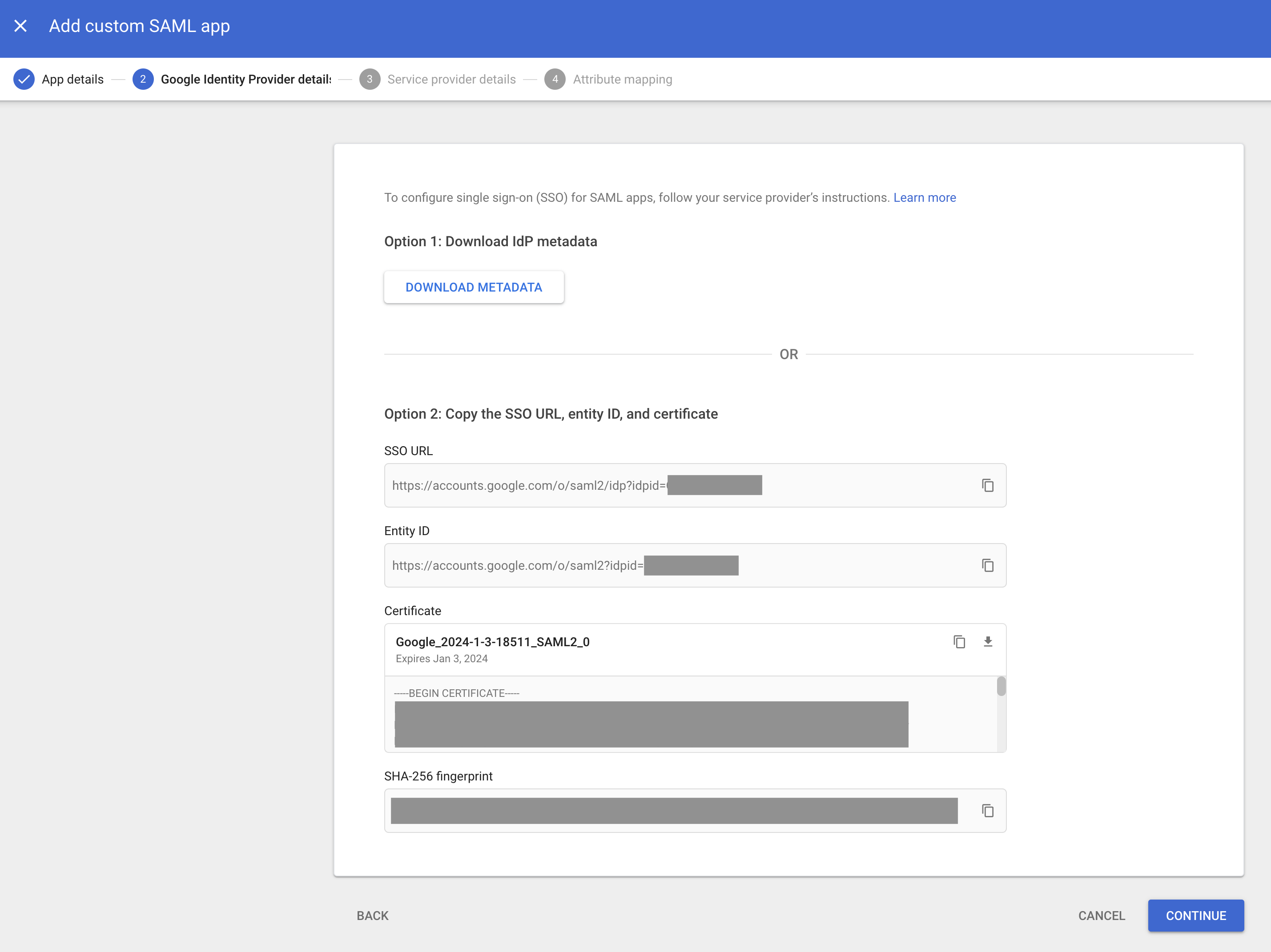 A screenshot of the Google IdP metadata Google Admin IdP Metadata