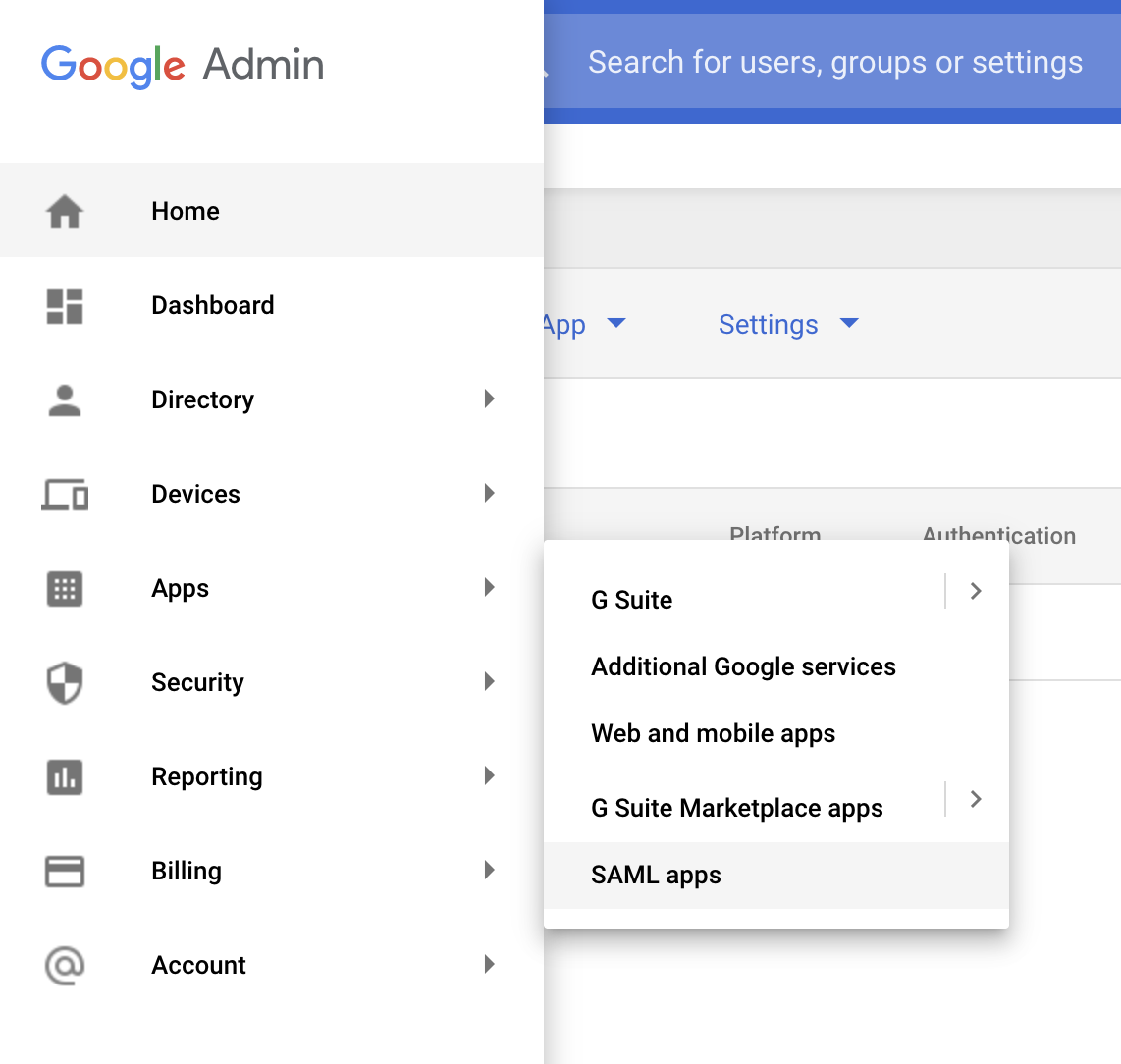 Google Admin menu with the Apps / SAML Apps path selected Google Admin Apps Menu