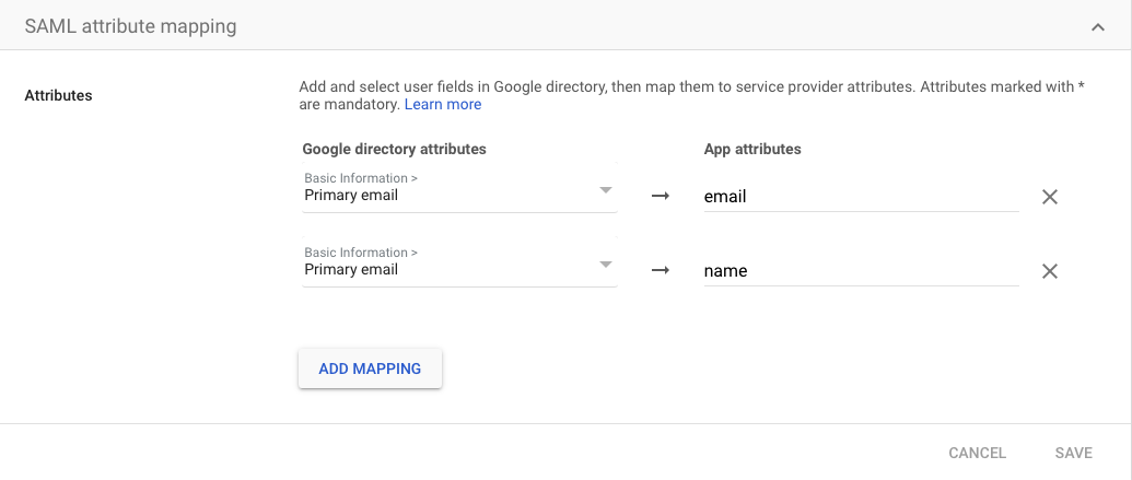 A screenshot of the Google Admin SAML Attribute Mapping Details Google Admin SAML Attribute Mapping Details