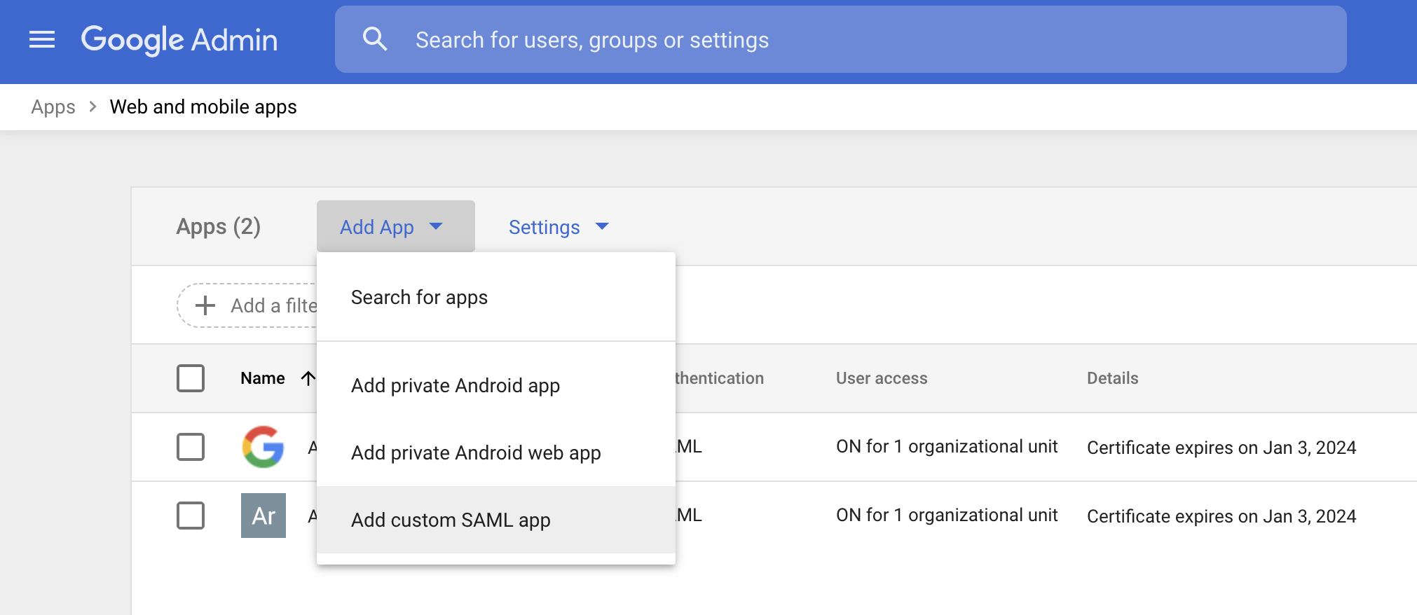 Add apps menu with add custom SAML app highlighted Google Admin Add Custom SAML App